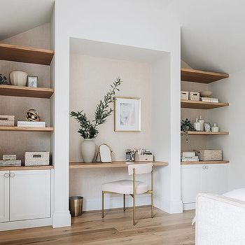 Floating Cabinets Design Ideas Desk In Nook, Floating Shelves Design, Cottage Style Bedroom, Built In Window Seat, Desk Nook, Modern Desk Chair, Bedroom Nook, Simple Office, Light And Dwell