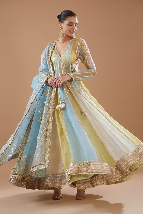 Multi-Colored Silk Organza Block Printed Angrakha Anarkali Set Design by ITRH at Pernia's Pop Up Shop 2023 Multi Color Kurti Designs, Multicolor Anarkali Dress, Organza Silk Suit, Teal Dress Outfit Ideas, Best Anarkali Designs, Angrakha Suits Design, Angrakha Style Kurti Anarkali Suits, Banarsi Anarkali Suits, Anarkali Kurta Designs