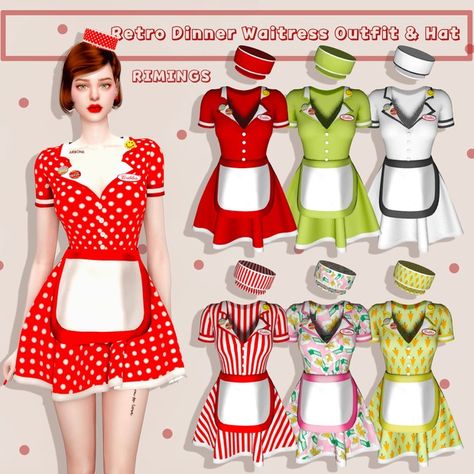 [RIMINGS] Retro Dinner Waitress Outfit & Hat | Patreon Sims 4 Diner Uniform, Sims 4 Waitress Outfit, Waiter Outfit, Sims Fashion, Sims Accessories, Waitress Outfit, Retro Dinner, Waitress Uniform, 50's Diner