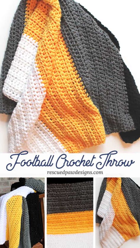 Make this beginner friendly crochet throw perfect for football season! Find the free football crochet throw blanket at www.easycrochet.com #crochet #freecrochetpattern #crochetthrowblanket Throw Pattern Crochet, Double Crochet Afghan Pattern, Free Crochet Afghan Patterns Easy Simple, Crochet Blankets Easy, Size 5 Yarn Crochet Patterns, Beginner Crochet Blankets, Crotcheting Projects, Football Crochet, Crochet Boys