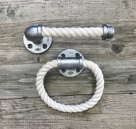 Are you looking for a unique bathroom set? We know your search is over😊. This handmade industrial, modern design, one of a kind bathroom set includes 2 essential items: a rope toilet paper holder and a rope hand towel holder. The neat combination of pipe and rope will make everyone stop, stare and wonder!  Purchase each item individually: www.etsy.com/shop/Lulight  Please take a look at our unique mirror and light fixture: www.etsy.com/listing/468114778/mirror-wall-mirror-bathroom-mirror www... Guests Bathroom, Pipe Toilet Paper Holder, Nautical Lamps, Beachy Bathroom, Bathroom Details, Wall Mirrors Entryway, Nautical Room, Nautical Bathroom, Bathroom Beach