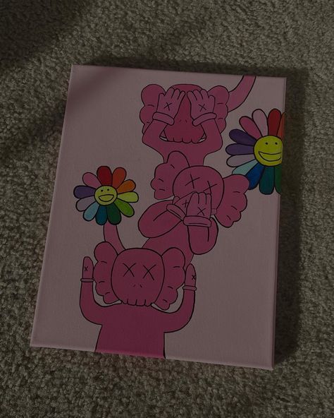 Kaws Cartoon Drawing, Kaws Inspired Art, Canvas Painting Ideas Kaws, Kaws Painting Pink, Paint Ideas For Canvas, Kaws Sketch Easy, Pink Kaws Painting, How To Draw Kaws, Kaw Paintings