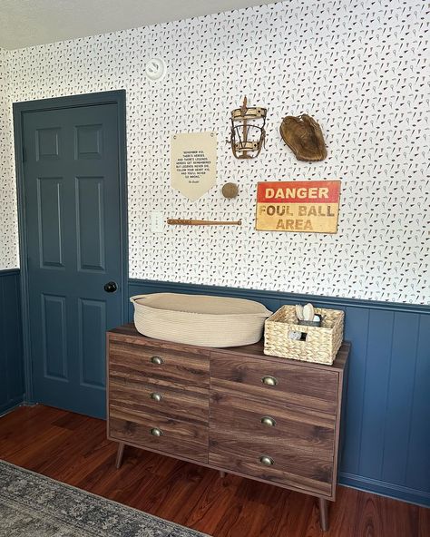 I’ve spent years collecting all these vintage baseball items. Seeing this room finally come together has been so rewarding! The wallpaper from @loomwell really was the final touch it needed. I’m pretty obsessed with this room ⚾️ • #vintagestyle #boysroomdecor #baseballthemedroom #vintagebaseball #baseball Vintage Varsity Nursery, Vintage Sports Nursery Baby Boy, Vintage Sports Nursery Target, Vintage Sport Theme Nursery, Old School Baseball Nursery, Vintage Baseball Nursery, Baseball Theme Room, Baseball Nursery, Children Style