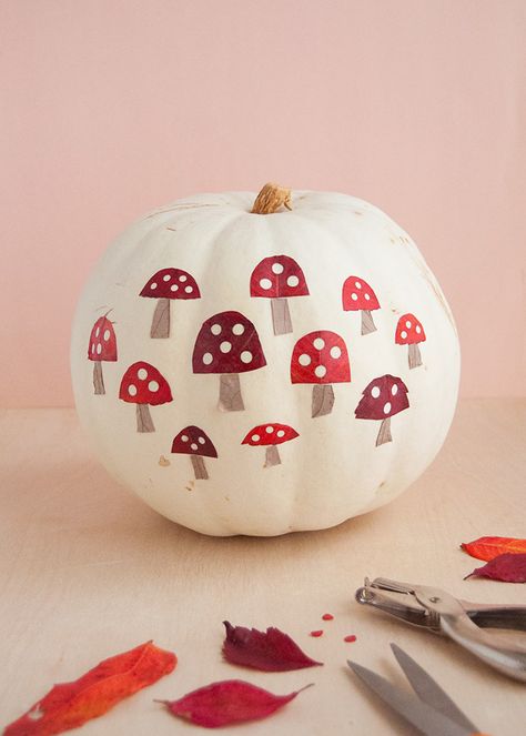 Mushroom Leaf Art Pumpkin | Handmade Charlotte Pumpkin Painting Party, Halloween Pumpkin Crafts, Creative Pumpkin Painting, Creative Pumpkin Decorating, Mushroom Paint, Art Pumpkin, Halloween Pumpkin Designs, Pretty Pumpkins, Handmade Charlotte