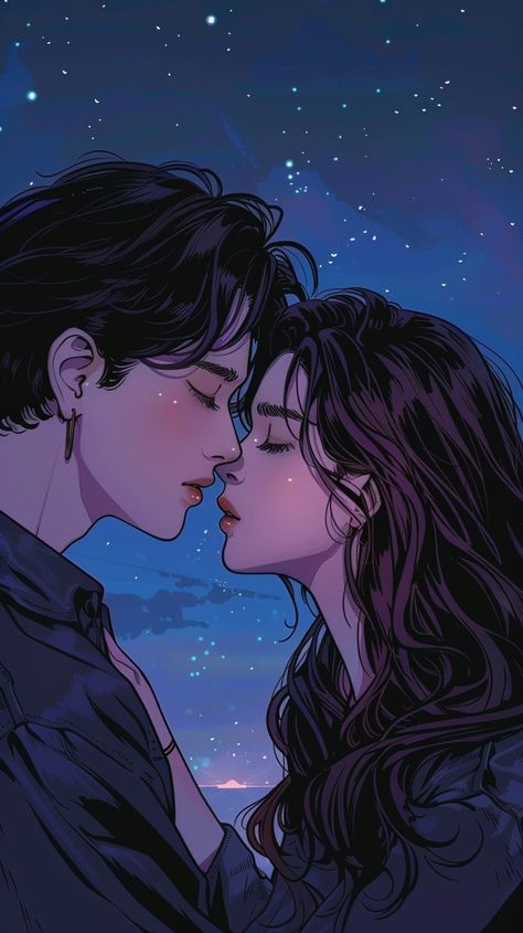 Bathed in the luminescent glow of the moon, Ramona and Jace found themselves lost in the romantic dimension of their favorite Manhwa, "Twin Flame". In these pages, their love story unraveled, beautifully and gently. Their hearts, traced by the same destiny, pulsed ardently in a symphony of raw emotions. As their fingers softly intertwined, they shared a passionate kiss under the moonlit night, mirroring their illustrated counterparts. Love Romance Art, Drawing For Love, Kissing Illustration, Kiss Picture Couple, Kissing Art, Kiss Illustration, Apple Whiskey, Twin Frame, Book Cover Art Design