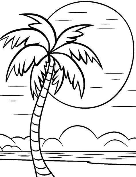 Sunset Coloring Pages, Palm Tree Drawing, Beach Coloring Pages, Hawaii Theme, Colorful Sunset, Tree Coloring Page, Coloring Pages Free Printable, Unicorn Coloring Pages, Beach Color