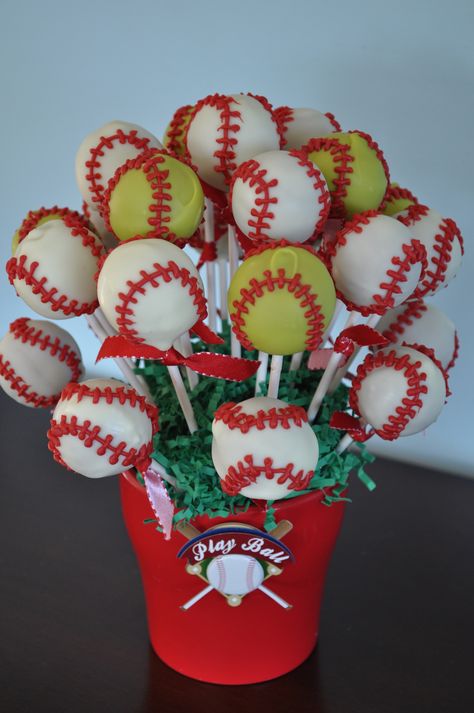 Baseball theme birthday cake pop bouquet, complete with softballs for the girls Softball Cake Pops, Softball Birthday Cakes, Baseball Cake Pops, Birthday Cake Pop, Cake Pop Bouquet, Shark Birthday Cakes, Sports Themed Wedding, Baseball Theme Birthday, Theme Birthday Cake