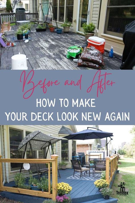 Covered Deck Makeover, Deck Remodel On A Budget, Back Deck Makeover On A Budget, Diy Deck Makeover On A Budget, Redo Deck Ideas Diy, Update Deck On A Budget, Deck Renovation Before And After, Diy Small Deck Ideas, Deck Makeover Before And After