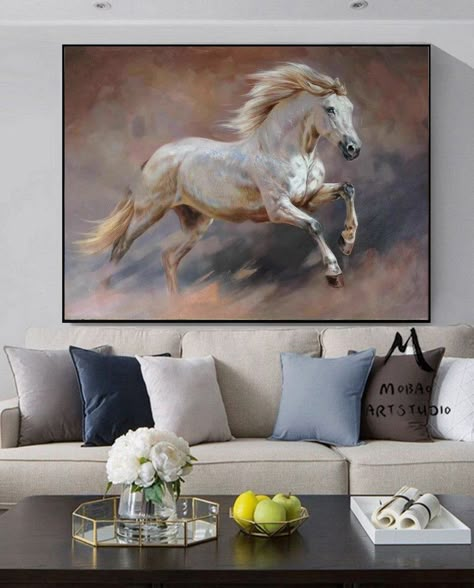 White Horse Oil Painting, Calligraphy Strokes, White Horse Painting, Watercolor Horse Painting, Large Wall Art Living Room, Horse Canvas Painting, Horse Oil Painting, Painting Horse, White Canvas Art