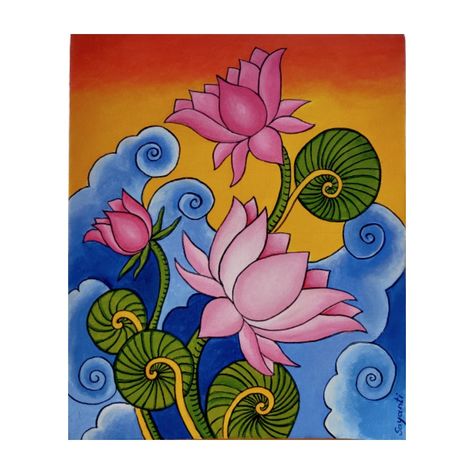 Acrylic on canvas. 10" x 12" Kerala mural style painting. Lotus on the tide. Kerala Mural Painting Lotus, Kerela Murals Paintings Easy, Lotus Mural Painting, Easy Mural Painting Kerala, Mural Art Design Paintings, Painting Ideas Traditional, Traditional Painting Ideas, Indian Lotus Painting, Flower Mural Painting