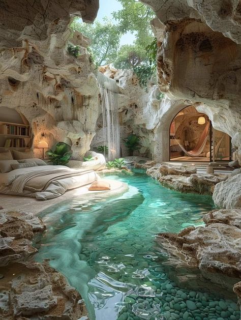 Bedroom With Waterfall, Bali Theme House, Water House Design, Mermaid Home Aesthetic, Sea Inspired Interior Design, Vintage Pool House, Dream Houses Aesthetic, Dream Homes And Houses, Stone Beach House