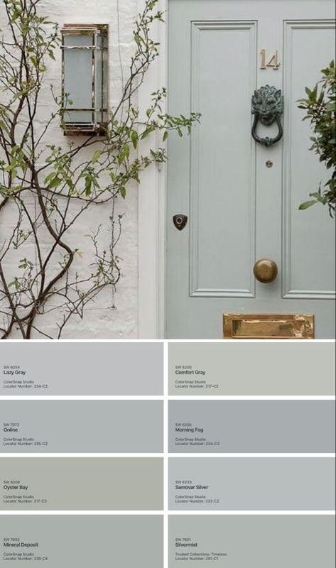 Front Door Color Palette - elegant gray and green paint colors for a front door. Home exterior color. Front Door Color For White House, Gray Front Door Colors, Brick Paint Colors, Red Brick Exteriors, Front Door Color, Green Grey Paint, House Entry, Shutter Colors, Exterior Color Palette