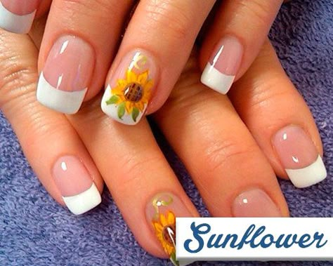 Sunflower - 20 Modern French Manicures Ideas - EverAfterGuide Nails With Sunflowers, Manicures Ideas, Sunflower Nail Art, Ring Finger Nails, French Manicures, Country Nails, Sunflower Nails, Finger Nail Art, Pedicure Designs