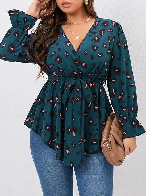 Fabric: stretchy, soft, comfortable and skin friendly Design: long sleeve, graphic print, overlap collar, tie waist, high low hem, longline Woman Blouse Casual, Blouse Peplum, Plus Size Clothing Online, Top Plus Size, Peplum Blouse, Flounce Sleeve, Plus Size Kleidung, Plus Size Top, Print Blouse