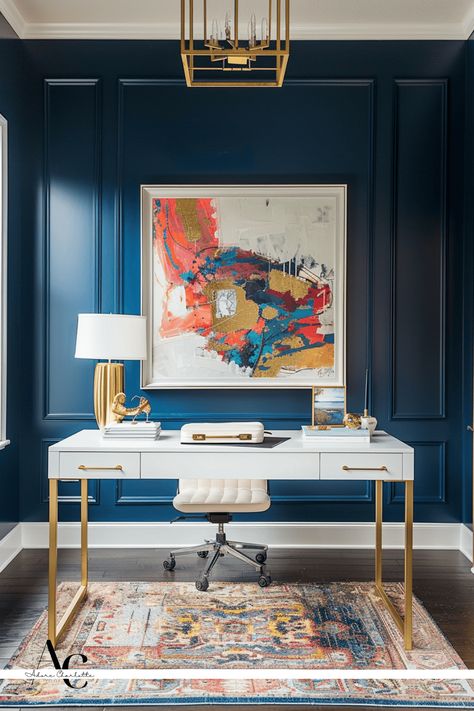 21 Best Paint Colors for Home Office Ideas 2024 - Adore Charlotte  Navy Blue - Vintro Paint Refresh   Discover the best colours for your home office in 2024. From calming neutrals to vibrant hues, transform your workspace with these top paint picks. Navy Blue Office Paint Color, Teal And Gold Office Ideas, Home Office Navy Blue, Navy Blue Or Green Desk With Gold Hardware, Blue And White Home Office, Deep Blue Office Walls, Best Navy Blue Paint Colors Office, Navy Office Walls, Home Office Ideas For Men