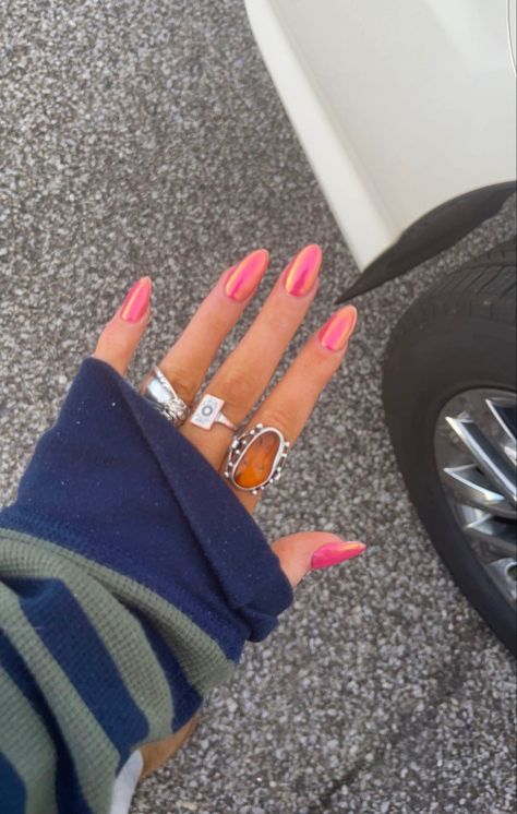 Nails, acrylic nails, nail inspo, pink nails, chrome nails, pink, aesthetic Bright Vibrant Nails, Nailspo Summer, 2024 Nail Trends Short, June Nail Inspo 2024, August Manicure, Trendy Nails Ideas 2024 June, June Nails 2024, Nails August 2024, June 2024 Nails