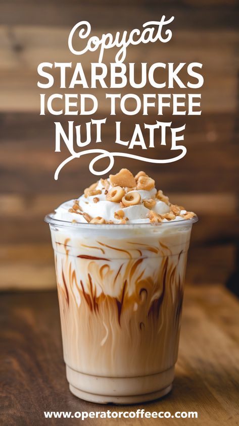 Craving Starbucks’ sweet and nutty Iced Toffee Nut Latte? This DIY recipe is super easy to follow! Mix espresso, toffee nut syrup, ice, and your favorite milk for a drink perfect for autumn or cozy winter nights. Try low-sugar or vegan options too! 🍯✨ Low Calorie Espresso Drinks, Iced Espresso Drink Recipes, Starbucks Toffee Nut Drinks, Torani Coffee Recipes, Toffee Nut Coffee, Iced Espresso Drinks At Home, Starbucks Recipes At Home, Starbucks Iced Coffee Drinks, Starbucks Salted Caramel Mocha