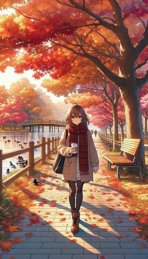 Autumn Anime Art, Fall Aesthetic Illustration, Fall Anime Wallpaper, Fall Anime Aesthetic, Cute Panda Drawing, Fall Anime, Anime Kiss Gif, Fall Drawings, Fairy Tale Anime