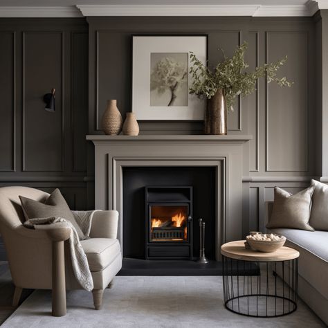 Fireplace Mantle On Brick Wall, Fireplace Mantle Living Room, Dark Academia Board And Batten, Classic Fireplace Tile, Fireplace Same Colour As Wall, Fireplace And Panelling, Painted Fireplace Mantles, Cabinets Beside Fireplace Freestanding, Black Accent Wall Decor Ideas