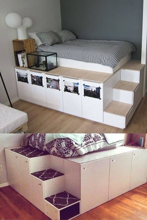 Ikea platform bed hack Diy Ikea Bed Hack, Platform Bed Hack, Ikea Kallax Bed Hack, Ikea Platform Bed Hack, Ikea Inspirations, Ikea Hack Lit, Ikea Platform, Ikea Platform Bed, Ikea Daybed