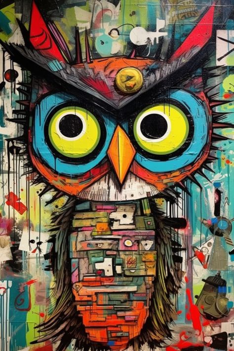 This abstract print art showcases a vibrant and captivating owl painting. The owl's large, round eyes draw you in with their mystic gaze. Express your artistic expression with this eye-catching piece, perfect for decorating various items such as decor, clothing, gadgets, and pastel/bath accessories. #GiveMeMood #Owl #Colorful #Abstract #VibrantColors #Captivating #MysticGaze #EyeCatching #ArtisticExpression #Bird #Wildlife #AvianBeauty #OwlEyes #ColorfulWildlife #Contemporary #Expressive #Decor Owl Graffiti Art, Owl Painting Abstract, Owl Pop Art, Owl Abstract Art, Colorful Owl Painting, Owl Paintings On Canvas Easy, Owl Painting Ideas, Owl Mural, Colorful Owl Art