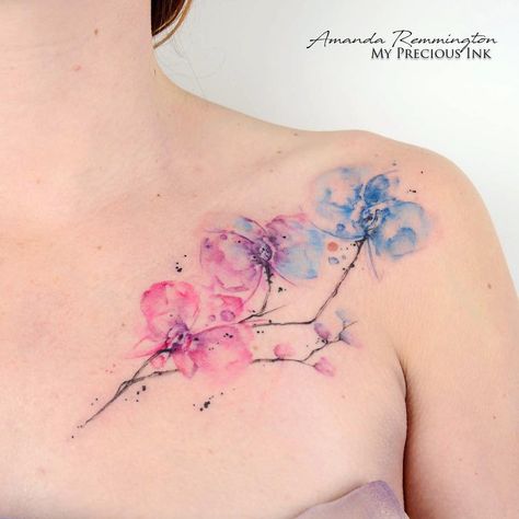 Amanda Remmington on Instagram: “First tattoo of 2019! Love to be back to “work” again 😁 Freehand watercolor orchid tattoo. #tattoo #tattooart #tattoos #watercolortattoo…” Watercolor Orchid Tattoo, Watercolor Tattoo Shoulder, Geometric Watercolor Tattoo, Watercolour Tattoo Men, Orchid Flower Tattoos, Floral Watercolor Tattoo, Watercolor Tattoo Sleeve, Watercolor Orchid, Small Watercolor Tattoo