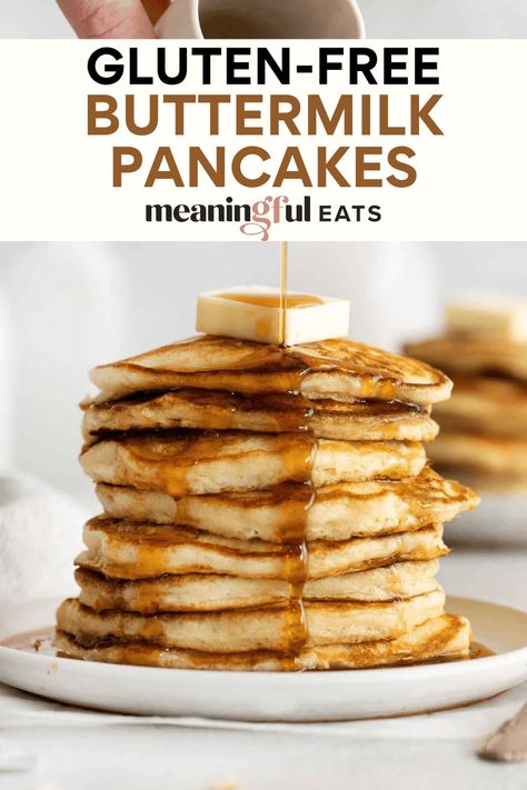 Gluten-Free Buttermilk Pancakes Gluten Free Pancake Recipe, Krusteaz Recipes, Gluten Free Pancakes Easy, Gluten Free Buttermilk Pancakes, Fluffy Gluten Free Pancakes, Gluten Free Pumpkin Pancakes, Bisquick Pancakes, Meaningful Eats, Gluten Free Bisquick