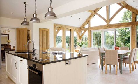 Oak frame extensions bring instant character to a home, but there's a lot to consider before extending in oak Chalet Extension, Orangery Extension Kitchen, Kitchen Orangery, Oak Framed Extensions, 60s House, Cottage Extension, Kitchen Diner Extension, Oak Frame House, Open Plan Kitchen Diner