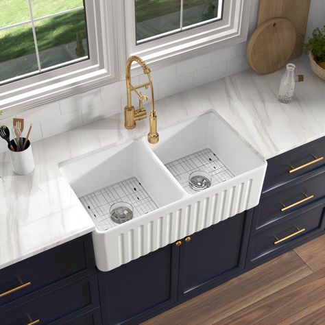 MOHOME Athena 33" L x 18" W Double Bowl Farmhouse Kitchen Sink with Sink Grid and Basket Strainer & Reviews | Wayfair White Farm Sink, White Farmhouse Sink, Farmhouse Kitchen Sink, Apron Sink Kitchen, Apron Sink, Sink Grid, Farmhouse Aprons, Single Bowl Sink, Double Basin