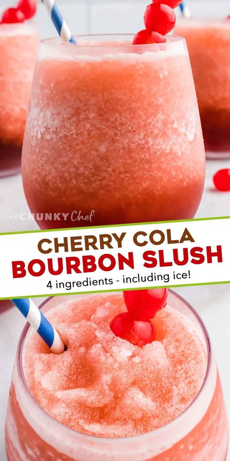 This Cherry Cola Bourbon Slush is our favorite frozen cocktail! Made with just 4 ingredients (including ice!), it's so easy to whip together and enjoy all year round! #slush #bourbon #cherry Bourbon Drink, Cherry Bourbon, Frozen Drinks Alcohol, Blue Recipes, Cherry Drink, Slush Recipes, Cherry Cocktail, Summer Salads With Fruit, Homemade Cocktails