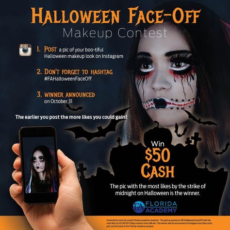 Hey boo-tiful! 👻 🎃 Show us your most scream-worthy look for our Halloween Face-Off Makeup Contest on Instagram & you'll be entered for a chance to win a cash prize 💰 #FloridaAcademy #Halloween #Cosmetology #HalloweenMakeup #MakeupContest #FaceOff #MUA #Makeup Face Off Makeup, Halloween Makeup Looks, Instagram Makeup, Mua Makeup, Cash Prize, Face Off, Cosmetology, Show Us, Halloween Makeup