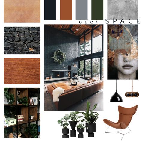 Modern Industrial Mood Board Interior Design, Industrial Interiors Living Room, Industrial Office Mood Board, Interior Design Office Mood Board, Modern Industrial Mood Board, Cozy Industrial Apartment, Industrial Design Office Interior, Industrial Office Color Palette, Industrial Color Palette Mood Boards