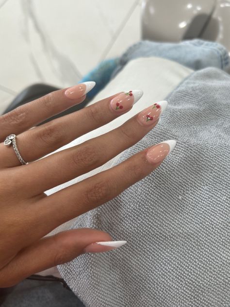 Cherry French Tip Nails, Cherry French Tip, Cherry Nails, Colored Acrylic Nails, Tip Nails, French Tip Nails, French Nails, Nail Inspo, Acrylic Nails