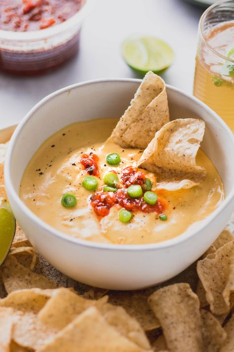 VEGAN + WHOLE30 - This creamy cashew queso dip is made with ZERO processed ingredients - an authentic tasting, full flavored, dairy free alternative to this well loved dip. Cashew Queso, Tahini Dip, Dairy Free Recipe, Golden Milk Latte, Dairy Free Alternatives, Queso Dip, Golden Milk, Paleo Vegan, Paleo Whole 30