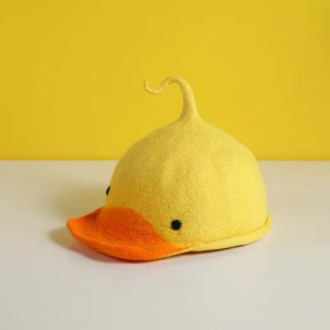 Wet Felted Hat Fall Winter Wool Felt Hat Handmade Duck | Etsy Felt Duck, Duck Costumes, Cute Cap, Cute Caps, Animal Hats, Unique Hats, Peaked Cap, Yellow Duck