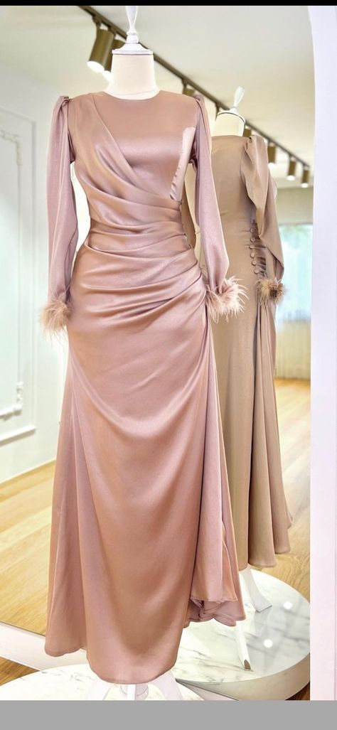 Prom Dress With Long Sleeves, Long Sleeve Maxi Dresses, Bride Dress Simple, Pink Satin Dress, Simple Bridesmaid Dresses, Mode Abaya, Fancy Dresses Long, Women Dresses Classy, Fashion Muslim