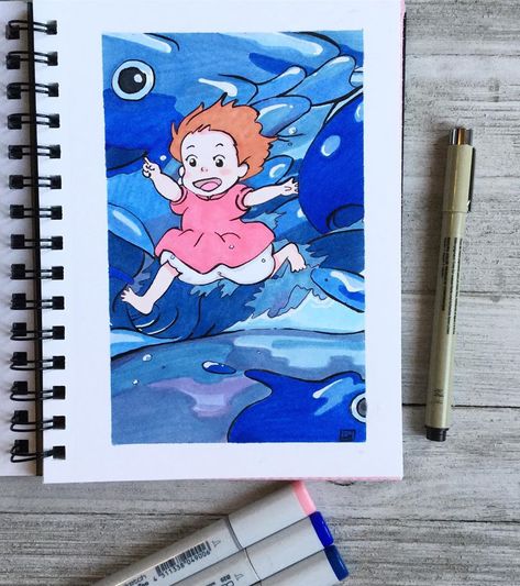 Ponyo Drawings Studio Ghibli, Ponyo Sketch Studio Ghibli, Ponyo Drawings, Ponyo Painting, Marker Art Ideas, Anime Canvas Painting, Colored Pencil Art Projects, Marker Painting, Markers Drawing Ideas