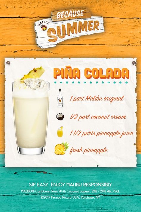 Jun 30, 2017 - What’s summer without a Pina Colada? A classic summer time mix that proves how much Malibu loves pineapple, it’s easy to make and very easy to enjoy, especially with friends. Fill a shaker with ice cubes. Add Malibu, coconut cream and pineapple juice. Shake and strain into a chilled highball glass filled with ice cubes. Top up with pineapple juice and garnish with fresh pineapple. Click for the full recipe and a how-to video! Easy Pina Colada Recipe, Piña Colada Recipe, Colada Drinks, Pina Colada Drinks, Pina Colada Recipe, Malibu Coconut, Mixed Drinks Alcohol, Fresh Pineapple, Boozy Drinks