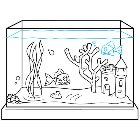 Fish Tank Drawing Art, Fish Tank Drawing Easy, Fish Tank Drawing Aquarium, How To Draw An Aquarium, Aquarium Design Drawing, Aquarium Art Drawing, Aquarium Drawing Ideas, Aquarium Drawing For Kids, Fish Aquarium Drawing