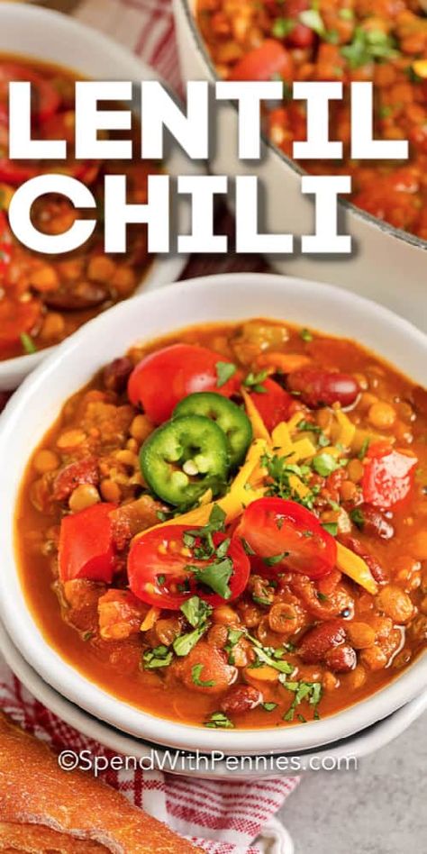 Lentil Chili is a recipe that uses staple pantry ingredients. Add ground beef or chicken to stretch the serving sizes even further! #spendwithpennies #lentilchili #maindish #stovetop #chili #lentil #lentilchilirecipe Lentil Chilli, Recipe Lentils, Lentil Chili Recipe, Stovetop Chili, Lenten Recipes, Canned Lentils, Lentil Chili, Slow Cooker Lentils, Serving Sizes