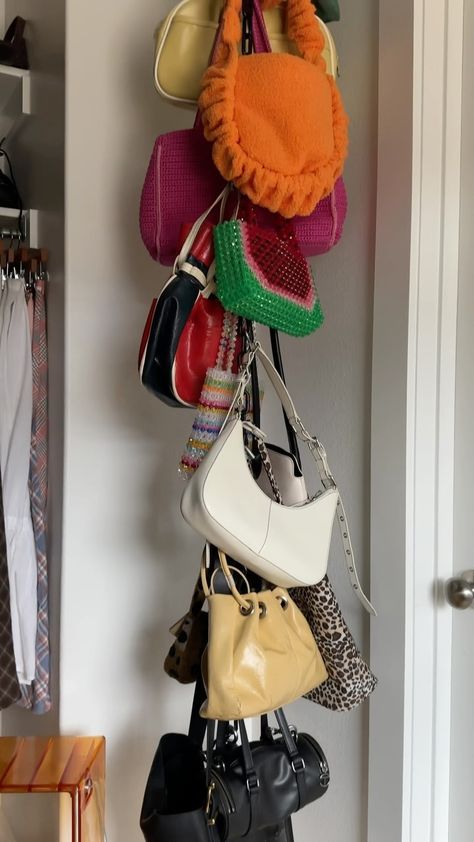 wanted to see how my bags would look color coordinated ❤️🧡💛💚🩵 #organization #organizationideas #purses #diy | Instagram Purse Storage Ideas, Organize Purses, Purses Diy, Mini Closet, Zimmer Diy, Purse Storage, Handbag Storage, My Bags, Small Closet