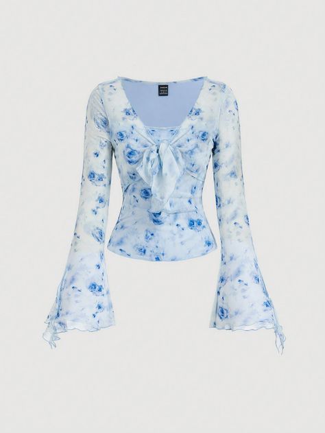 Women's Floral Print Bell Sleeve Tie Front T-Shirt,Sheer Blue Casual  Extra-Long Sleeve Knitted Fabric Floral,All Over Print  Medium Stretch  Women Clothing, size features are:Bust: ,Length: ,Sleeve Length: Shirts With Flared Sleeves, Blue And White Tops, Frilly Tops, Shein Shirts, Adrette Outfits, Frilly Top, Senior Photo Outfits, Modest Tops, Light Blue Top