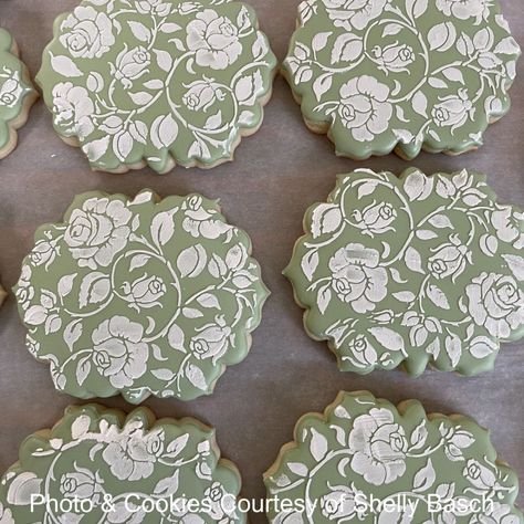 Full of delicate rosebuds, this allover pattern for cookie stenciling, was thoughtfully designed in partnership with Julia Usher, to make your cookies prettier than ever! This stencil has been unbundled from Mother Prettier Plaque 5 piece set. Background. This can be used alone or mixed and matched with message and frame sets in the Prettier Plaque stencil line. Sizing: Design - 5 2/8" high x 5 2/8" wide Stencil Sheet - 5 7/8" high x 5 1/2" wide and fits into a standard Stencil Genie. Stencil Hi Embossed Royal Icing Cookies, Airbrush Cookies Stencil, Trellis Stencil, Paisley Cake, Faux Desserts, Sunflower Cookies, Sunflowers Roses, Cookie Decorating Icing, Animal Print Cake