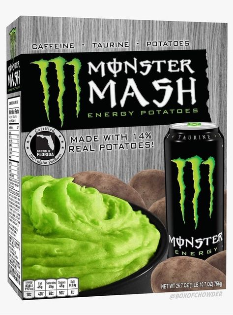 Monster mash energy potatoes Monster Flavors, Yummy Nummies, Monster Room, Prom Posters, Drinking Memes, Monster Board, Hi Welcome To Chili's, Funny Stickman, 2010s Nostalgia