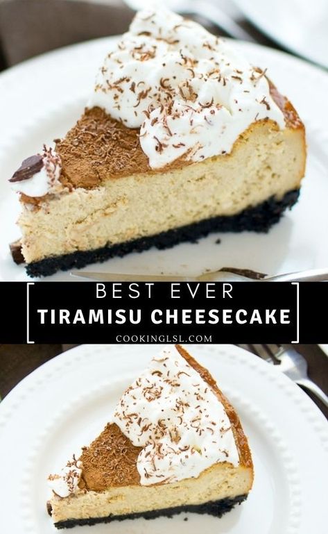 Tiramisu Cheesecake – Luscious, creamy and sweet coffee infused cheesecake with crumby Oreo cookie crust. Dusted with cocoa powder and topped with whipped cream, it combines two popular desserts – Tiramisu and Cheesecake. This is a recipe for a baked tiramisu cheesecake. Tastes much better that Cheesecake Factory’s Tiramisu cheesecake dessert. Double Layer Cheesecake, Tiramisu Poke Cake Recipe, Smoked Cheesecake, Tiramisu Cheesecake Recipe, Roll Desserts, Cinnamon Roll Desserts, Layer Cheesecake, Tiramisu Cheesecake, Yummy Cheesecake