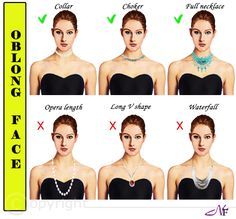 Necklaces And Earrings . When it comes to  Necklines,jewelries and make up its all about knowing your face shape.it is important to choose  jewelries  that are complimentary to the shape of your fa… Neckline Necklace Guide, Pear Shaped Face, Oblong Face, Oblong Face Shape, Angular Face, Diamond Face Shape, Cool Winter, Face Jewellery, Diamond Face