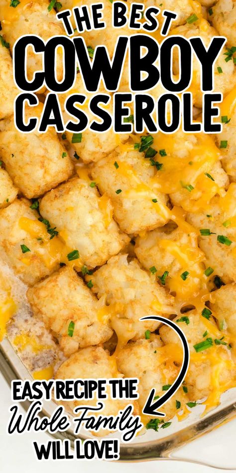 This easy cowboy casserole recipe is a simple, hearty casserole with ground beef, veggies, spices, crispy tater tots and lots of cheese. Easy Cowboy Casserole Recipe, Cowboy Casserole Tater Tots, Tatertots Casserole, Cowboy Tater Tot Casserole, Cheese Dinner Recipes, Cowboy Casserole Recipe, Casserole With Ground Beef, Sausage Rigatoni, Cowboy Casserole