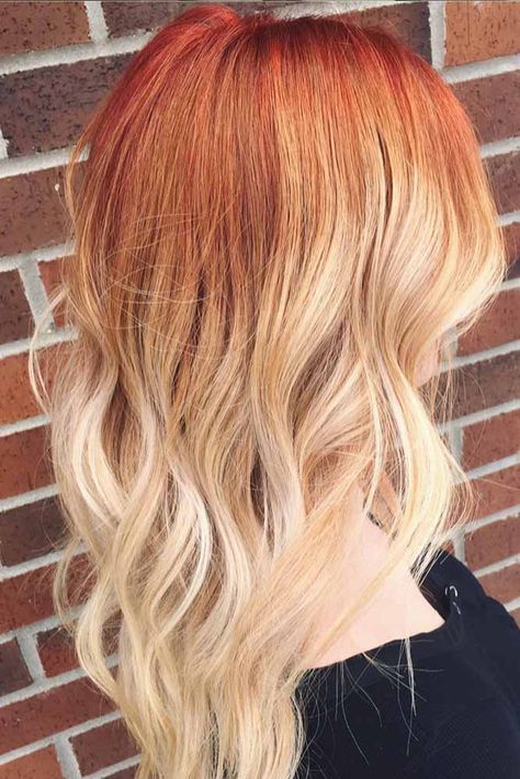 Burgundy To Blonde Hair, Hairstyles For Natural Red Hair, Red Hair With Blonde Balayage Ombre, Ombre Hair Red To Blonde, Copper Underneath Blonde Hair, Ginger To Blonde Ombre, Blonde With Red Roots, Redhead With Blonde Balayage, Red To Blonde Ombre Hair Balayage