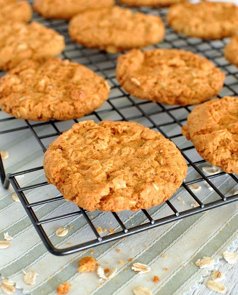 Wonderfully crunchy golden oatmeal cookies, a classic Australian biscuit. #cookie #biscuit #australian #oats #golden_syrup Nagi Maehashi, Golden Oatmeal, Easy Anzac Biscuits, Biscuit Desserts, Crunchy Oatmeal, Desserts Cookies, Anzac Biscuits, Gf Flour, Recipetin Eats