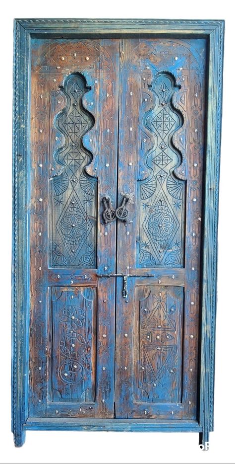 Vintage blue wooden carved door Handmade wooden door Unique carving african berber symbols Carved wooden door panel Great workmanship ONE OF A KIND. Measures 80" x 38" Shipping prices are quoted within the lower 48 states. Shipping for Alaska & Hawaii is extra. Please contact us for international shipping quote Please add your phone number for freight shipping company rules Distressed Doors, Stenciled Doors, Moroccan Doors, Medieval Drawings, The Doors Of Perception, Crazy House, Moroccan Interiors, Furniture Design Chair, Carved Doors